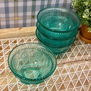 4 vintage bowls Pioneer Woman Adeline blue tarcelle, set of embossed glass bowls